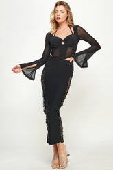 Long Pleated Black Skirt & Black Sleeve Crop Top (Set)